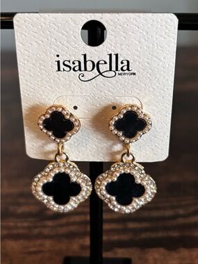 Black and Gold Tone Double Drop Clover Earrings